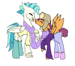 Size: 2861x2529 | Tagged: safe, artist:bublebee123, artist:icey-wicey-1517, edit, character:scootaloo, character:terramar, species:hippogriff, species:pegasus, species:pony, ship:terraloo, boop, clothing, collaboration, color edit, colored, ear piercing, earring, gay, half r63 shipping, hat, jeans, jewelry, lip piercing, male, noseboop, older, older scootaloo, pants, piercing, rule 63, scarf, scooteroll, shipping, shirt, simple background, socks, stallion, sweater, terraroll, transparent background, ushanka