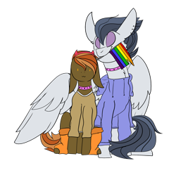 Size: 2795x2788 | Tagged: safe, artist:bublebee123, artist:icey-wicey-1517, edit, character:button mash, character:rumble, species:earth pony, species:pegasus, species:pony, :3, choker, clothing, collaboration, color edit, colored, ear piercing, earring, gay, gay pride flag, headband, hoodie, hug, jewelry, male, mouth hold, older, older button mash, older rumble, piercing, pride, pride flag, rumblemash, shipping, shirt, simple background, sitting, socks, stallion, transparent background, winghug