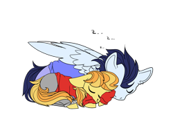 Size: 3034x2204 | Tagged: safe, artist:bublebee123, artist:icey-wicey-1517, edit, character:braeburn, character:soarin', species:earth pony, species:pegasus, species:pony, ship:soarburn, clothing, collaboration, color edit, colored, ear piercing, earring, eyes closed, gay, jeans, jewelry, male, nose piercing, nose ring, onomatopoeia, pants, piercing, shipping, simple background, sleeping, sound effects, stallion, sweater, transparent background, zzz