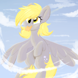 Size: 2000x2000 | Tagged: safe, artist:thieftea, character:derpy hooves, species:pegasus, species:pony, cloud, cute, derpabetes, female, flying, high res, mare, mouth hold, sky, solo, spread wings, wings