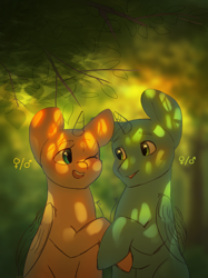 Size: 2150x2876 | Tagged: safe, artist:klooda, species:pony, advertisement, advertising, any gender, any race, commission, couple, cute, detailed, detailed background, forest, forest background, halfbody, happy, holding hooves, leaf, leaves, looking at each other, male, one eye closed, open mouth, smiley face, smiling, stallion, tree, wink, ych example, your character here