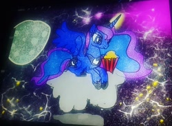 Size: 1080x792 | Tagged: safe, artist:bellas.den, character:princess luna, species:alicorn, species:pony, cloud, female, food, full moon, glowing horn, hoof shoes, horn, mare, moon, night, on a cloud, popcorn, prone, solo, stars