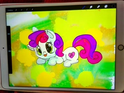Size: 1080x808 | Tagged: safe, artist:bellas.den, character:sweetie belle, species:pony, species:unicorn, abstract background, blep, cutie mark, female, filly, ipad, procreate app, prone, solo, the cmc's cutie marks, tongue out