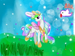 Size: 1080x810 | Tagged: safe, artist:bellas.den, character:princess celestia, species:alicorn, species:bird, species:pony, female, glowing horn, grass, hoof shoes, horn, looking back, mare, outdoors, peytral, signature