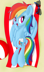 Size: 1135x1833 | Tagged: safe, artist:notadeliciouspotato, character:rainbow dash, species:pegasus, species:pony, beach, beach ball, beach towel, female, hooves behind head, lidded eyes, looking at you, mare, on back, open mouth, smiling, solo, spread wings, sunglasses, wings