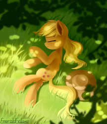 Size: 1900x2200 | Tagged: safe, artist:emeraldgalaxy, character:applejack, species:earth pony, species:pony, applejack's hat, clothing, cowboy hat, cute, female, grass, hat, jackabetes, mare, sleeping, solo