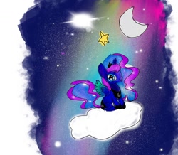 Size: 1080x940 | Tagged: safe, artist:bellas.den, character:princess luna, species:alicorn, species:pony, cloud, crescent moon, ethereal mane, female, galaxy mane, hoof shoes, mare, moon, night, on a cloud, peytral, stars, transparent moon