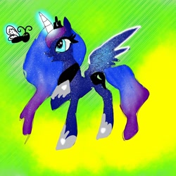 Size: 1080x1080 | Tagged: safe, artist:bellas.den, character:princess luna, species:alicorn, species:pony, abstract background, butterfly, ethereal mane, female, galaxy mane, glowing horn, hoof shoes, hooves to the chest, horn, jewelry, magic, mare, peytral, raised hoof, starry eyes, starry wings, telekinesis, tiara, wingding eyes, wings