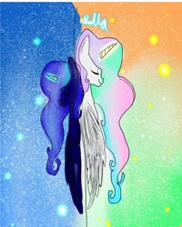 Size: 1080x1350 | Tagged: safe, artist:bellas.den, character:princess celestia, character:princess luna, species:alicorn, species:pony, bust, duo, ethereal mane, eyes closed, female, galaxy mane, glowing horn, horn, mare, siblings, sisters, stars