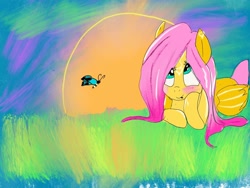 Size: 1080x810 | Tagged: safe, artist:bellas.den, character:fluttershy, species:pegasus, species:pony, blushing, butterfly, female, looking up, mare, prone, sun