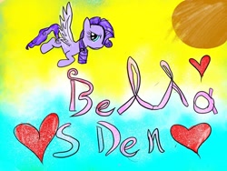 Size: 1080x810 | Tagged: safe, artist:bellas.den, oc, oc only, species:pegasus, species:pony, abstract background, flying, heart, pegasus oc, solo, text, wings