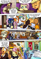 Size: 1204x1700 | Tagged: safe, artist:tarkron, character:applejack, character:fluttershy, character:princess celestia, character:princess luna, species:earth pony, species:griffon, species:pegasus, species:pony, species:yak, comic:what happens in las pegasus, ak-47, assault rifle, bank, bank robbery, bomb, butt, clothing, cultist, enter the gungeon, female, gun, mare, mask, plot, rifle, rocket launcher, running, underhoof, weapon