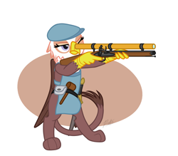 Size: 1824x1596 | Tagged: safe, artist:camo-pony, species:griffon, apron, bipedal, clothing, female, flat cap, gimme moore, hammer, hat, musket, simple background, solo, weapon