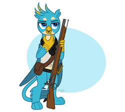 Size: 1872x1684 | Tagged: safe, artist:camo-pony, character:gallus, species:griffon, beak hold, bipedal, clothing, flintlock, gun, male, musket, pale belly, simple background, solo, standing, weapon