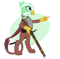 Size: 1700x1670 | Tagged: safe, artist:camo-pony, character:greta, species:griffon, armor, bipedal, breastplate, clothing, female, musket, scarf, simple background, solo, weapon