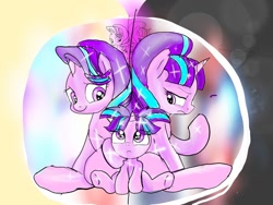 Size: 1080x810 | Tagged: safe, artist:bellas.den, character:starlight glimmer, species:pony, species:unicorn, abstract background, female, filly, filly starlight glimmer, mare, multeity, raised hoof, s5 starlight, sitting, underhoof, younger