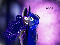 Size: 1080x810 | Tagged: safe, artist:bellas.den, character:nightmare moon, character:princess luna, species:alicorn, species:pony, g4, crying, duality, ethereal mane, female, galaxy mane, mare, signature, smiling, split screen
