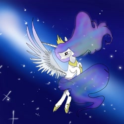 Size: 1080x1079 | Tagged: safe, artist:bellas.den, character:princess celestia, species:alicorn, species:pony, g4, female, flying, hoof shoes, jewelry, mare, peytral, solo, space, stars, tiara