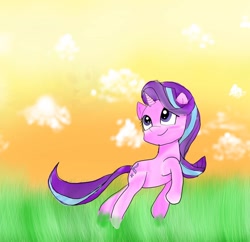 Size: 1080x1044 | Tagged: safe, artist:bellas.den, character:starlight glimmer, species:pony, species:unicorn, g4, cloud, female, grass, looking back, looking up, mare, outdoors, raised hoof, smiling, solo