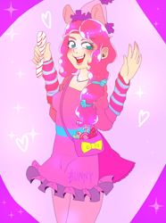 Size: 2515x3384 | Tagged: safe, artist:_no_tarin, artist:bunnyoxo, character:pinkie pie, species:human, g4, blushing, candy, candy cane, clothing, digital art, dress, ear piercing, earring, female, food, humanized, jewelry, my little pony cafe, necklace, piercing, pony ears, purse, smiling, solo