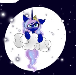 Size: 1080x1072 | Tagged: safe, artist:bellas.den, character:princess luna, species:alicorn, species:pony, g4, 2010s, 2019, cloud, ethereal mane, female, full moon, galaxy mane, mare, moon, night, on a cloud, solo, stars