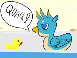 Size: 4000x3000 | Tagged: safe, artist:professionalpuppy, character:gallus, species:bird, species:duck, g4, behaving like a duck, gallduck, gallus is not amused, male, quack, rubber duck, solo, unamused