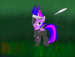 Size: 1080x810 | Tagged: safe, artist:bellas.den, character:twilight sparkle, character:twilight sparkle (alicorn), species:alicorn, species:pony, g4, clothing, eyepatch, female, future twilight, grass, mare, night, outdoors, raised hoof, solo, stars, torn clothes