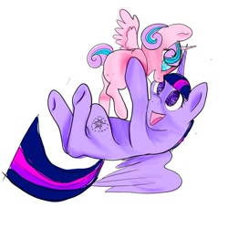 Size: 1080x1080 | Tagged: safe, artist:bellas.den, character:princess flurry heart, character:twilight sparkle, character:twilight sparkle (alicorn), species:alicorn, species:pony, g4, aunt and niece, cute, duo, female, filly, flurrybetes, holding a pony, mare, on back, open mouth, smiling, twiabetes, underhoof