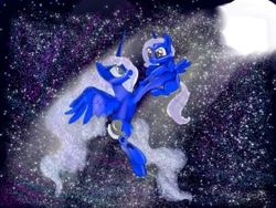 Size: 1080x810 | Tagged: safe, artist:bellas.den, character:princess luna, oc, parent:princess luna, species:alicorn, species:pony, g4, alicorn oc, beautiful, cute, duo, ethereal mane, female, filly, flying, full moon, galaxy mane, holding a pony, horn, lunabetes, mare, moon, night, stars, wings