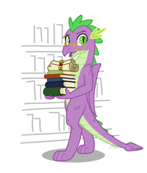 Size: 1724x2036 | Tagged: safe, artist:camo-pony, derpibooru original, character:spike, species:dragon, g4, book, bookshelf, glasses, male, older, older spike, quill, scroll, simple background, solo, white background, winged spike