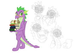Size: 2893x2039 | Tagged: safe, artist:camo-pony, derpibooru original, character:spike, species:dragon, g4, book, glasses, male, older, older spike, quill, scroll, simple background, sketch, solo, white background, winged spike