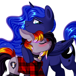 Size: 1000x1000 | Tagged: safe, artist:thieftea, character:princess luna, oc, oc:moonshine, species:pony, species:unicorn, g4, canon x oc, cute, female, happy, hockless socks, hug, lesbian, looking down, love, lunashine, shipping, size difference, smiling, wholesome