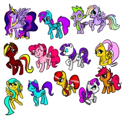 Size: 1080x1079 | Tagged: safe, artist:bellas.den, character:apple bloom, character:fluttershy, character:pinkie pie, character:rarity, character:scootaloo, character:spike, character:sweetie belle, character:twilight sparkle, character:twilight sparkle (alicorn), oc, species:alicorn, species:dragon, species:earth pony, species:pegasus, species:pony, species:unicorn, g4, alicorn oc, cutie mark crusaders, eyes closed, female, horn, mare, multicolored hair, rainbow hair, raised hoof, simple background, smiling, white background, winged spike, wings
