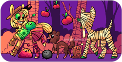 Size: 1846x937 | Tagged: safe, artist:spudsmcfrenzy, character:applejack, character:winona, species:pony, g4, clothing, mummy costume, stardew valley