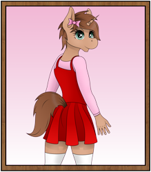 Size: 3500x4000 | Tagged: safe, alternate version, artist:zeronitroman, oc, oc:heroic armour, species:anthro, species:pony, species:unicorn, g4, bedroom eyes, behind, bow, clothing, commission, commissioner:rautamiekka, crossdressing, dress, fake eyelashes, femboy, horn, looking back, male, older, socks, solo, tail, teenager, thigh highs, ych result