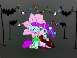 Size: 1080x810 | Tagged: safe, artist:bellas.den, character:princess flurry heart, oc, species:alicorn, species:bat, species:pony, g4, alicorn oc, christmas, christmas lights, clothing, dress, duo, eyes closed, female, holiday, horn, mare, older, older flurry heart, side hug, smiling, wings