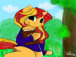 Size: 1080x810 | Tagged: safe, artist:bellas.den, character:sunset shimmer, species:pony, species:unicorn, g4, book, clothing, cloud, outdoors, signature, sitting, smiling, trace, tree