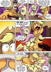 Size: 1204x1700 | Tagged: safe, artist:tarkron, character:applejack, character:fluttershy, species:earth pony, species:pegasus, species:pony, comic:what happens in las pegasus, g4, coma, comic, dialogue, drinking, elbowing, facedesk, female, implied heart attack, insurance, insurance fraud, male, playing dead, punched, shadowed face, speech bubble, spitting