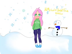 Size: 1080x810 | Tagged: safe, artist:bellas.den, character:fluttershy, species:human, g4, blushing, clothing, female, humanized, shoes, snow, snowman, solo