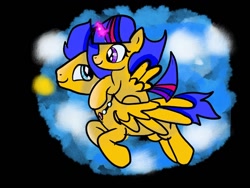 Size: 1080x810 | Tagged: safe, artist:bellas.den, character:flash sentry, oc, parent:flash sentry, parent:twilight sparkle, parents:flashlight, species:alicorn, species:pony, g4, alicorn oc, black background, duo, female, filly, flying, horn, jewelry, male, necklace, offspring, ponies riding ponies, riding, simple background, stallion, wings