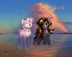 Size: 3179x2530 | Tagged: safe, artist:klooda, oc, oc:knick knack, oc:whiskey lullaby, species:bird, species:earth pony, species:pony, species:unicorn, g4, beach, cloud, collar, colt, commission, couple, cute, detailed, detailed background, eyes closed, female, full body, happy, hoof fluff, horn, kniskey, long horn, male, mare, ocean, one hoof raised, open mouth, raised hoof, reflection, sand, seaside, shore, sky, smiley face, smiling, stallion, sunset, water, ych result
