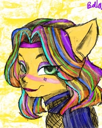 Size: 1080x1351 | Tagged: safe, artist:bellas.den, oc, oc only, species:earth pony, species:pony, g4, abstract background, bedroom eyes, blushing, bust, earth pony oc, fishnets, lipstick, multicolored hair, rainbow hair, signature, solo
