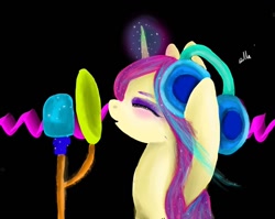 Size: 1080x861 | Tagged: safe, artist:bellas.den, species:pony, species:unicorn, g4, black background, bust, eyes closed, glowing horn, headphones, horn, makeup, microphone, signature, simple background, solo