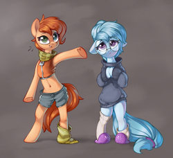 Size: 1650x1503 | Tagged: safe, artist:rexyseven, oc, oc only, oc:rusty gears, oc:whispy slippers, species:pony, g4, abstract background, belly button, bipedal, blue fur, blue mane, blue tail, clothing, cute, duo, female, floppy ears, freckles, girly girl, glasses, green eyes, gym shorts, happy, heterochromia, introduction, looking at you, mare, midriff, ocbetes, orange fur, orange mane, orange tail, pink eyes, presenting, scarf, scrunchie, semi-anthro, short hair, short shirt, shorts, slippers, smiling, socks, striped socks, sweater, timid, tomboy, tracksuit, underhoof, zipper