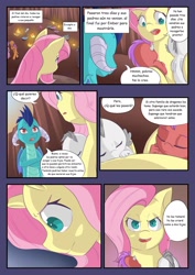 Size: 1280x1811 | Tagged: safe, artist:mustachedbain, character:fluttershy, character:princess ember, oc, oc:august, oc:rexion, species:dragon, species:pegasus, species:pony, comic:my dragon children, g4, baby, baby dragon, comic, determined, dragon oc, female, male, mother and child, mother and son, spanish, translation