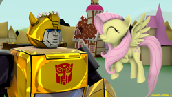 Size: 1920x1080 | Tagged: safe, artist:lance-pizon, character:fluttershy, species:pegasus, species:pony, g4, 3d, autobot, bumblebee, crossover, cute, flower crowns, robot, source filmmaker, transformers