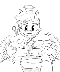 Size: 1228x1472 | Tagged: safe, artist:dacaoo, character:king sombra, character:rainbow dash, character:sweetie belle, species:pegasus, species:pony, species:unicorn, g4, angel, boop, eyes closed, halo, holiday, horn, horns are touching, monochrome, noseboop, now kiss, tsundere, valentine, valentine's day