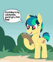 Size: 1127x1308 | Tagged: safe, artist:andaluce, oc, oc:apogee, species:pegasus, species:pony, g4, chest fluff, chest freckles, cute, dialogue, ear freckles, female, filly, freckles, solo, speech bubble, teenager