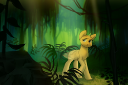 Size: 3000x2000 | Tagged: safe, artist:klooda, species:pony, g4, advertisement, any race, commission, detailed, detailed background, female, fern, generic pony, green background, jungle, leaves, looking at you, mare, open mouth, path, plant, rock, simple background, solo, sun ray, tree, walking, ych example, ych sketch, your character here