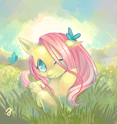 Size: 1500x1580 | Tagged: safe, artist:erinliona, character:fluttershy, species:pegasus, species:pony, butterfly, colored pupils, female, grass, mare, one eye closed, prone, solo